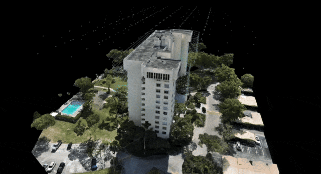 Animated drone flight path during building facade inspection