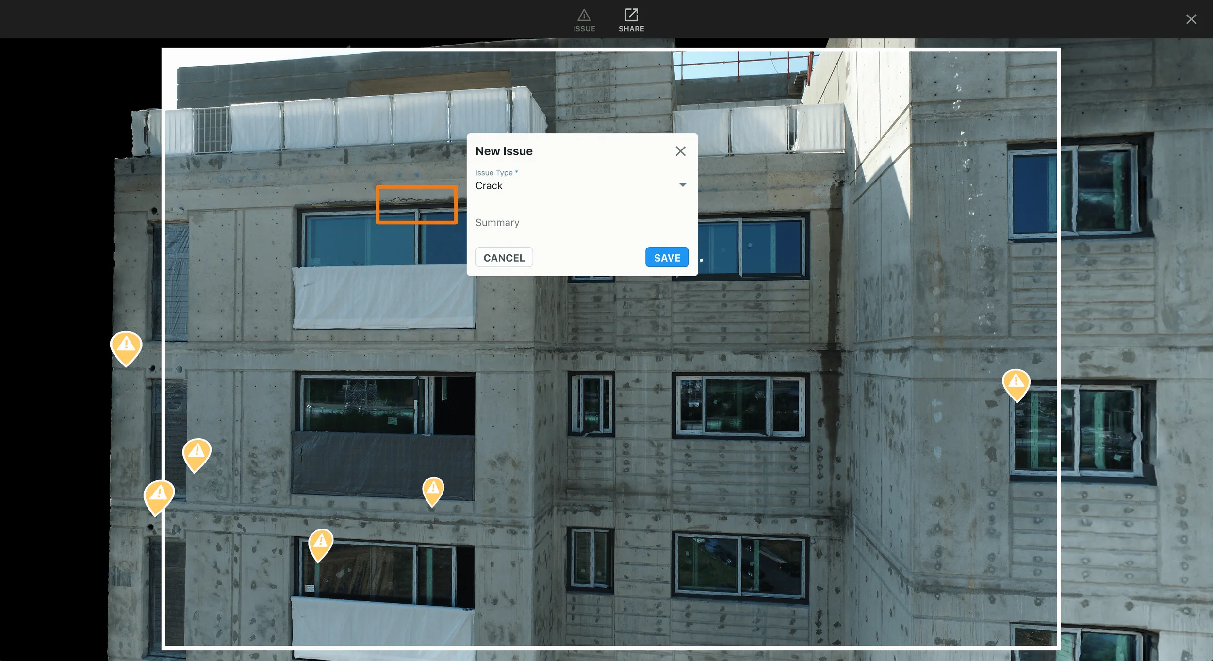 AI defect tagging interface annotating cracks and damage on building facade