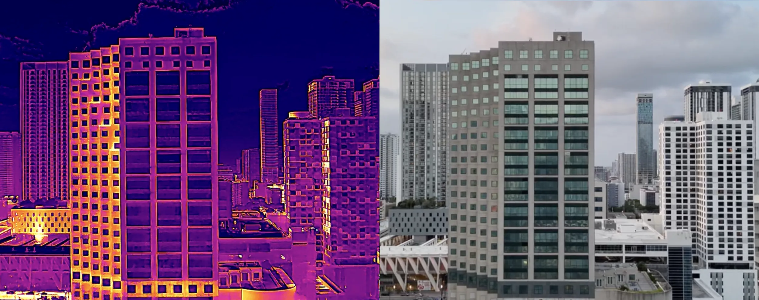 Split thermal and visual view of Miami building facades for due diligence assessment